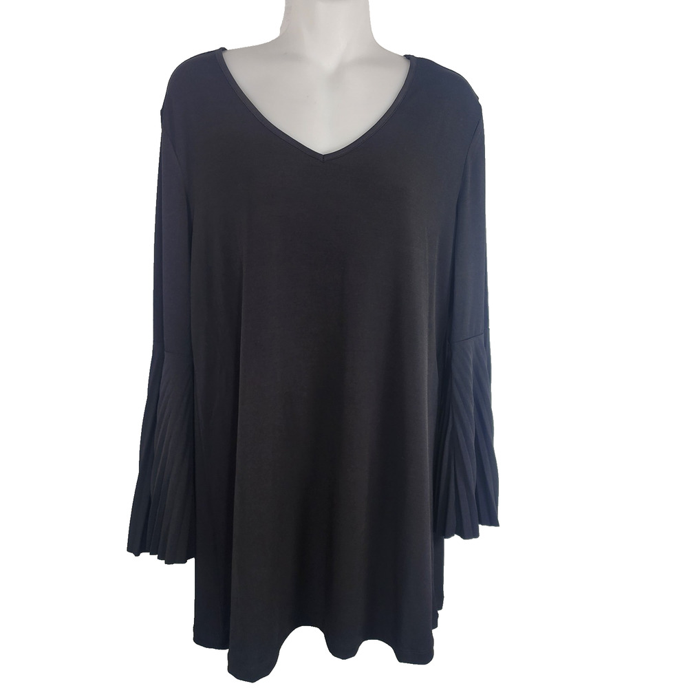 Attitudes by Renee Pleated Bell Sleeve Tunic Top Black Medium V Neck Jersey Knit